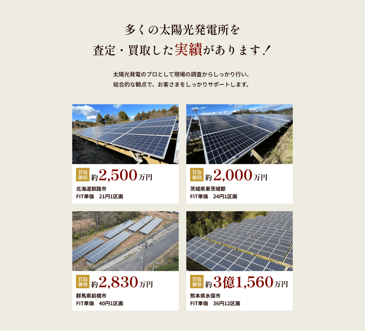 多くの太陽光発電所を査定・買取した実績があります！